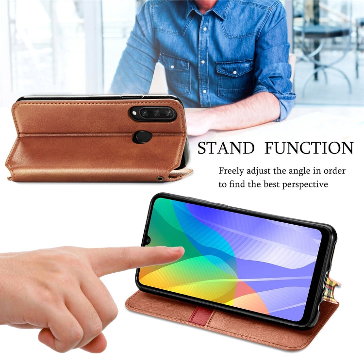 For Huawei Y6P Cubic Grid Pressed Horizontal Flip Magnetic Leather Case with Holder & Card Slots & Wallet