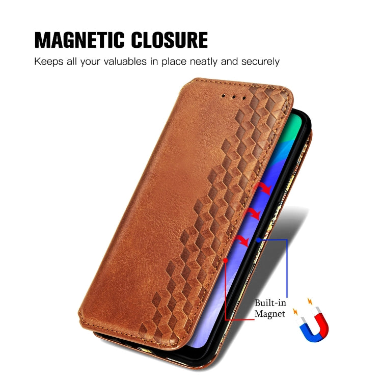 For Huawei Y6P Cubic Grid Pressed Horizontal Flip Magnetic Leather Case with Holder & Card Slots & Wallet