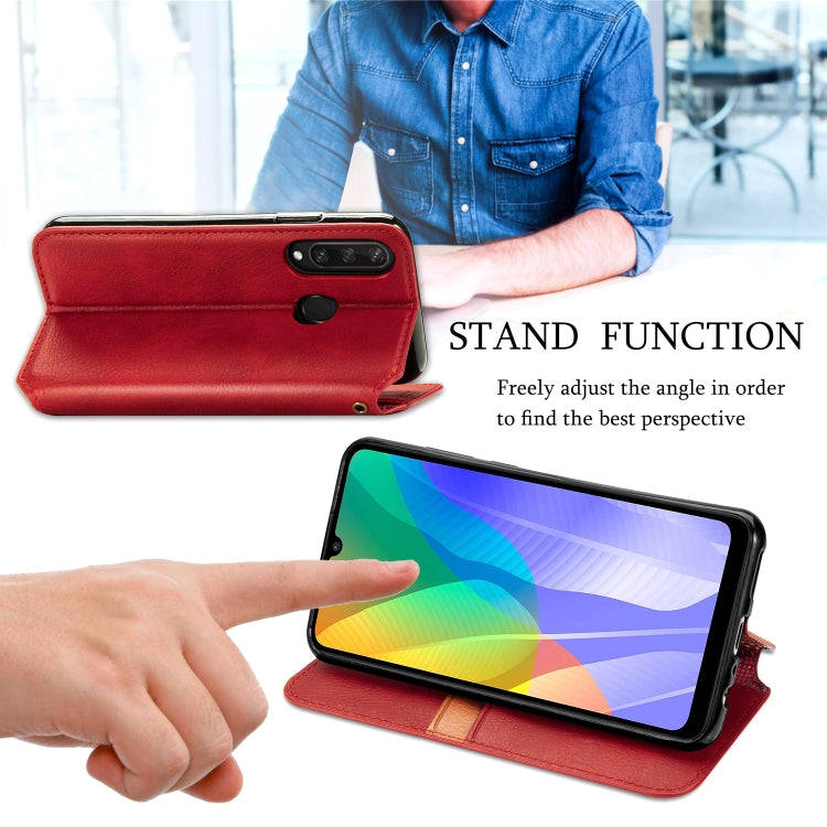 For Huawei Y6P Cubic Grid Pressed Horizontal Flip Magnetic Leather Case with Holder & Card Slots & Wallet