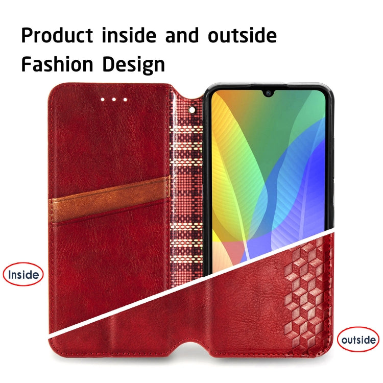 For Huawei Y6P Cubic Grid Pressed Horizontal Flip Magnetic Leather Case with Holder & Card Slots & Wallet