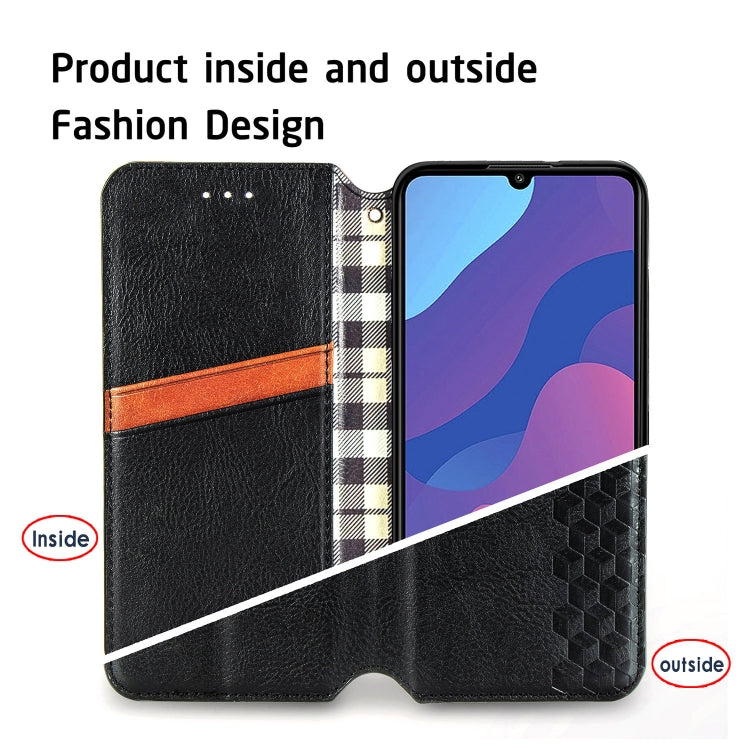 For Huawei Honor 9A Cubic Grid Pressed Horizontal Flip Magnetic Leather Case with Holder & Card Slots & Wallet