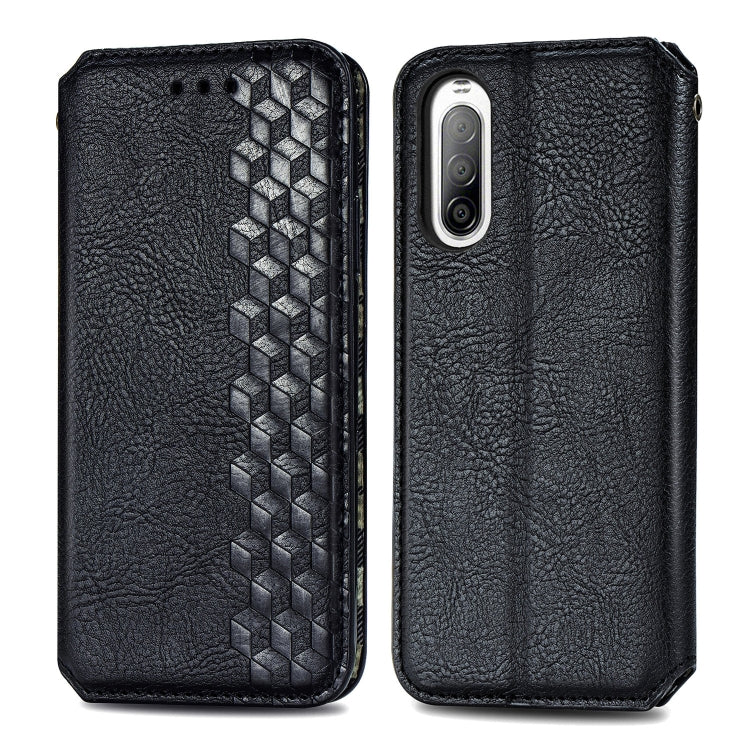 For Sony Xperia 10 II Cubic Grid Pressed Horizontal Flip Magnetic Leather Case with Holder & Card Slots & Wallet