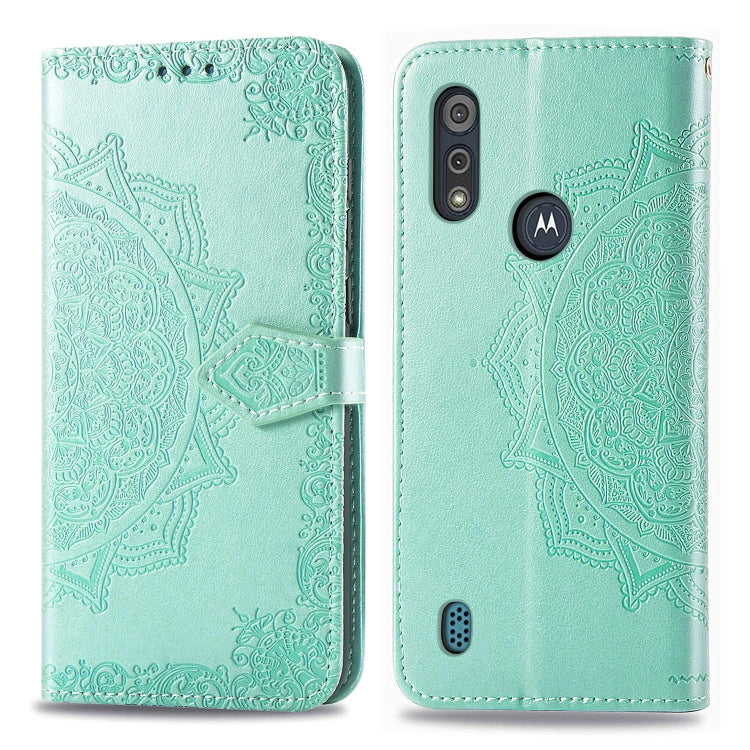 For Motorola Moto E6s (2020) Halfway Mandala Embossing Pattern Horizontal Flip PU Leather Case with Card Slots & Holder & Wallet