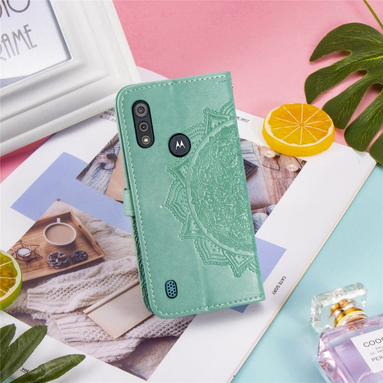 For Motorola Moto E6s (2020) Halfway Mandala Embossing Pattern Horizontal Flip PU Leather Case with Card Slots & Holder & Wallet