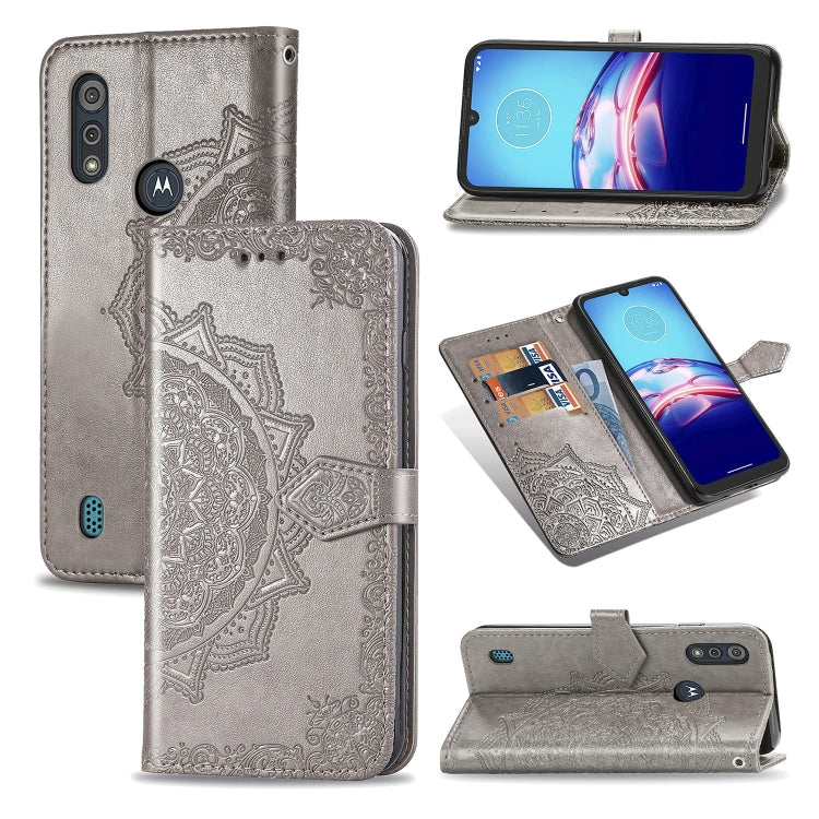 For Motorola Moto E6s (2020) Halfway Mandala Embossing Pattern Horizontal Flip PU Leather Case with Card Slots & Holder & Wallet