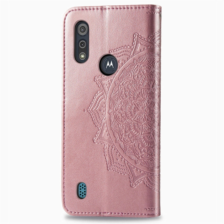 For Motorola Moto E6s (2020) Halfway Mandala Embossing Pattern Horizontal Flip PU Leather Case with Card Slots & Holder & Wallet