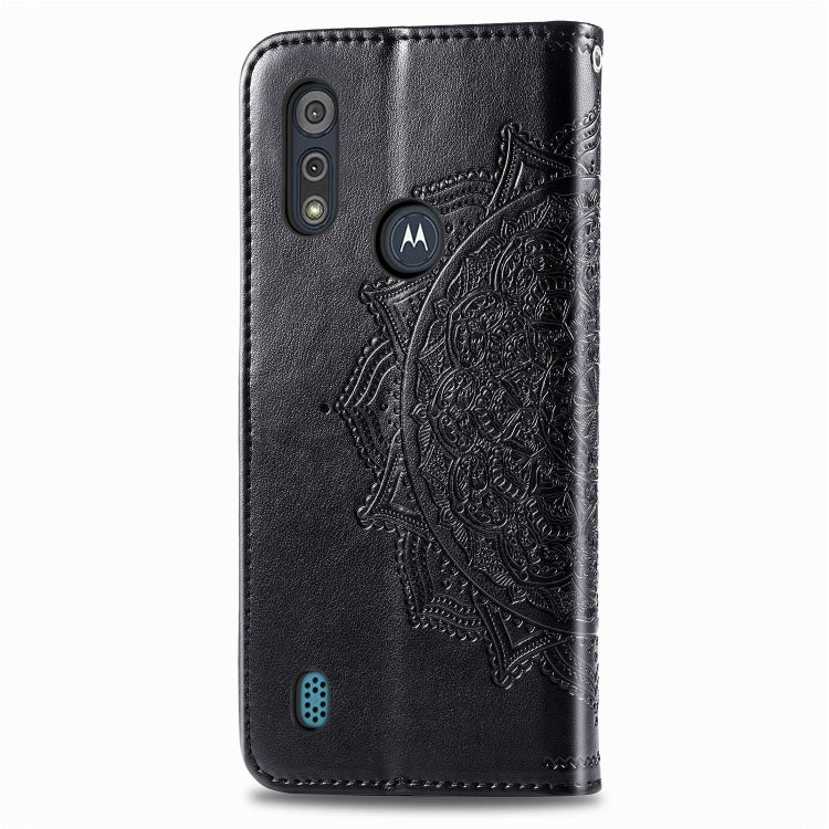 For Motorola Moto E6s (2020) Halfway Mandala Embossing Pattern Horizontal Flip PU Leather Case with Card Slots & Holder & Wallet
