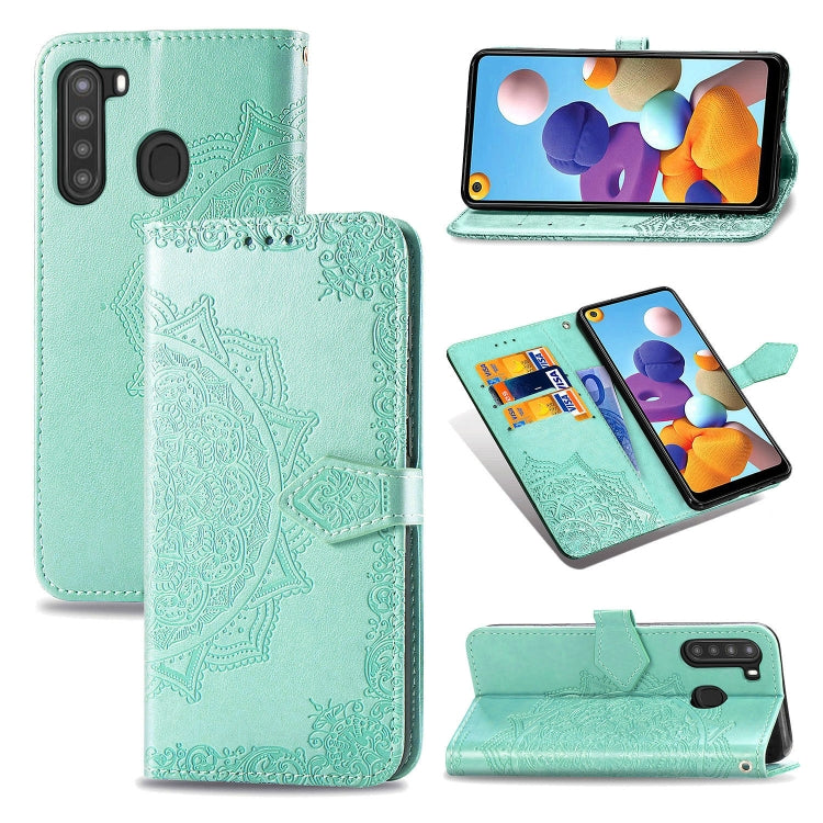 For Samsung A21 (US Version) Halfway Mandala Embossing Pattern Horizontal Flip PU Leather Case with Card Slots & Holder & Wallet