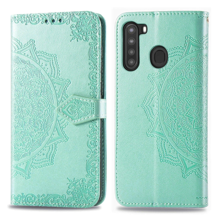 For Samsung A21 (US Version) Halfway Mandala Embossing Pattern Horizontal Flip PU Leather Case with Card Slots & Holder & Wallet