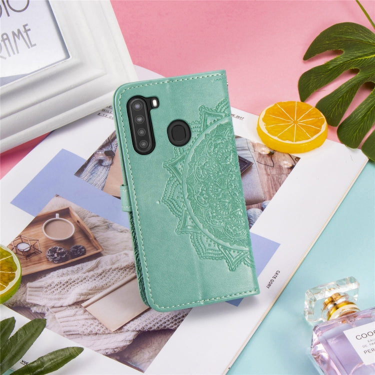 For Samsung A21 (US Version) Halfway Mandala Embossing Pattern Horizontal Flip PU Leather Case with Card Slots & Holder & Wallet