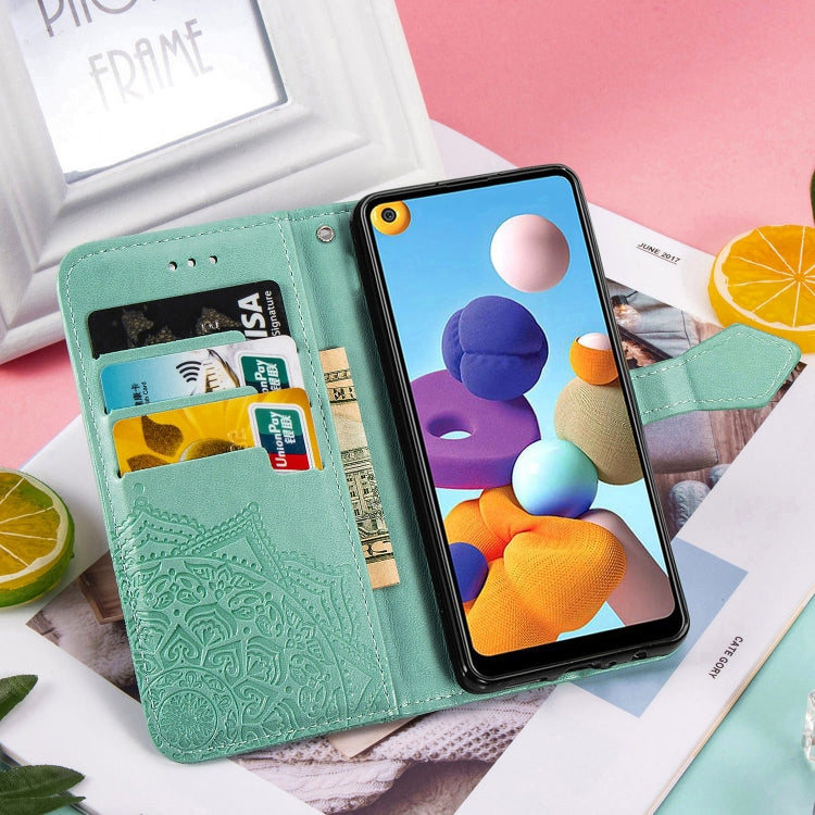 For Samsung A21 (US Version) Halfway Mandala Embossing Pattern Horizontal Flip PU Leather Case with Card Slots & Holder & Wallet