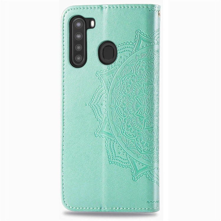 For Samsung A21 (US Version) Halfway Mandala Embossing Pattern Horizontal Flip PU Leather Case with Card Slots & Holder & Wallet