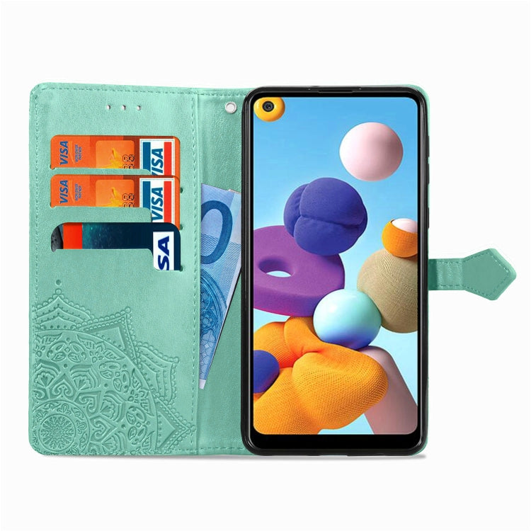 For Samsung A21 (US Version) Halfway Mandala Embossing Pattern Horizontal Flip PU Leather Case with Card Slots & Holder & Wallet