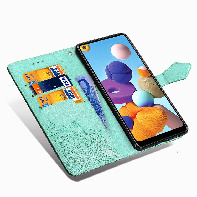 For Samsung A21 (US Version) Halfway Mandala Embossing Pattern Horizontal Flip PU Leather Case with Card Slots & Holder & Wallet