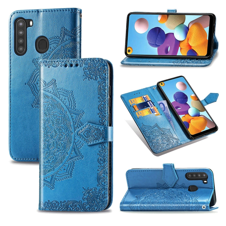 For Samsung A21 (US Version) Halfway Mandala Embossing Pattern Horizontal Flip PU Leather Case with Card Slots & Holder & Wallet