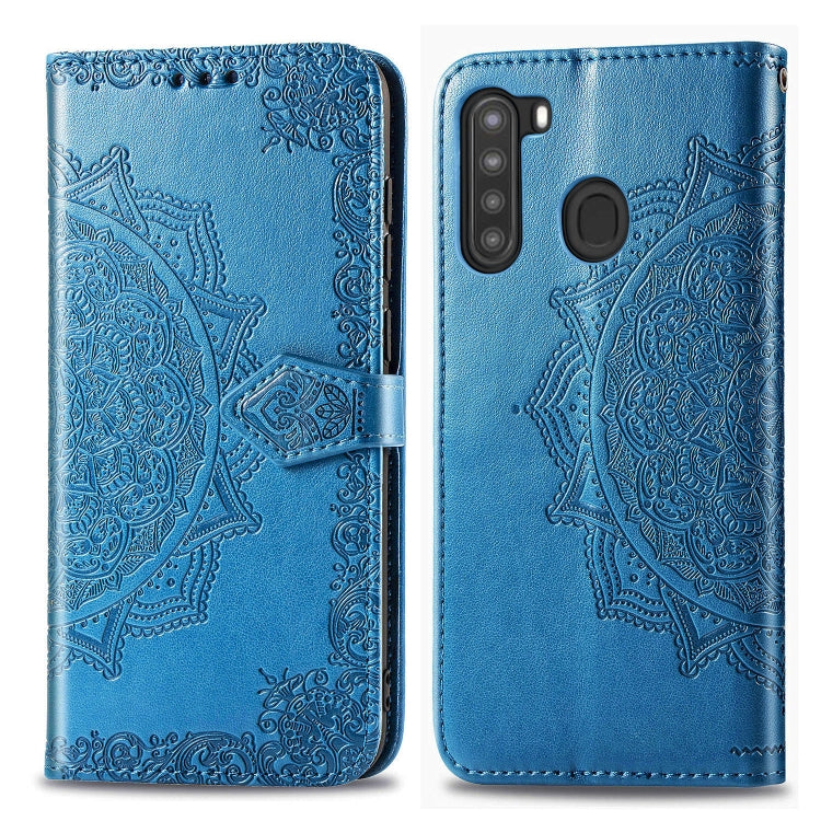 For Samsung A21 (US Version) Halfway Mandala Embossing Pattern Horizontal Flip PU Leather Case with Card Slots & Holder & Wallet