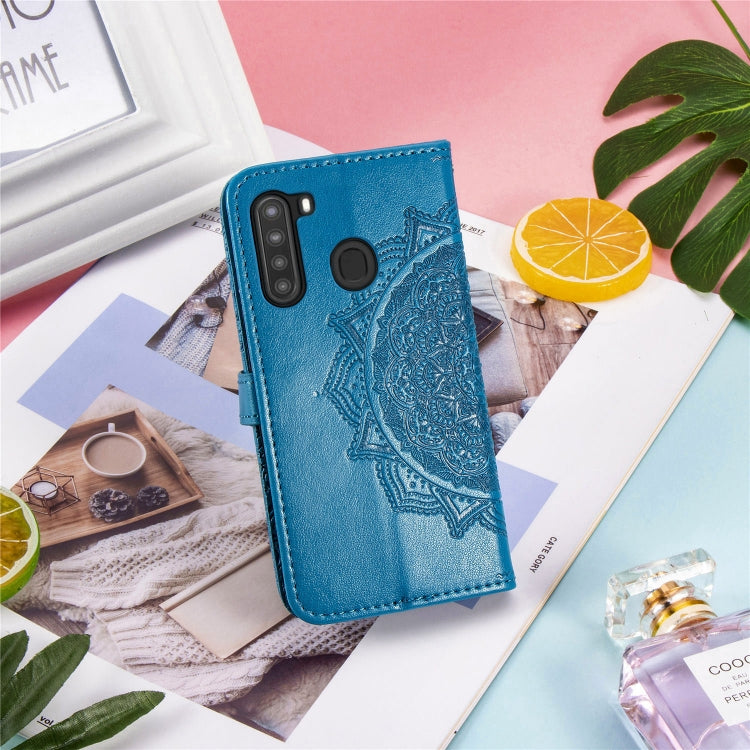For Samsung A21 (US Version) Halfway Mandala Embossing Pattern Horizontal Flip PU Leather Case with Card Slots & Holder & Wallet