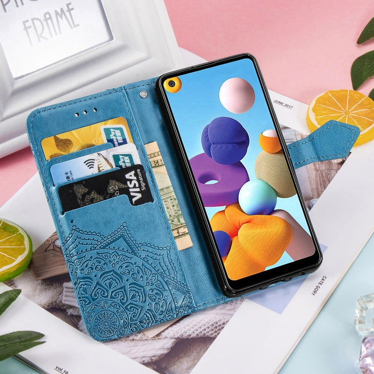 For Samsung A21 (US Version) Halfway Mandala Embossing Pattern Horizontal Flip PU Leather Case with Card Slots & Holder & Wallet