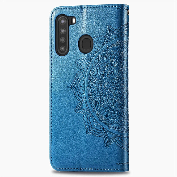 For Samsung A21 (US Version) Halfway Mandala Embossing Pattern Horizontal Flip PU Leather Case with Card Slots & Holder & Wallet
