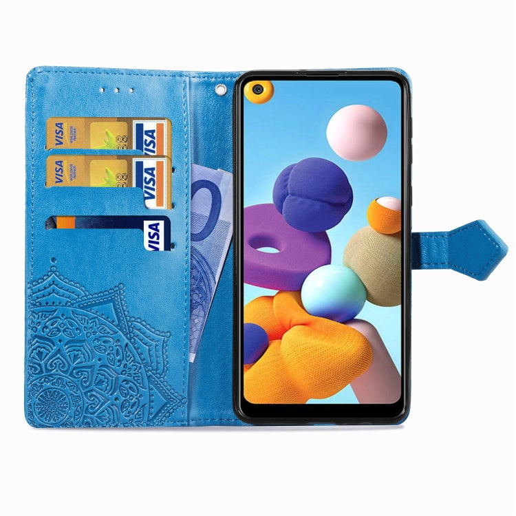 For Samsung A21 (US Version) Halfway Mandala Embossing Pattern Horizontal Flip PU Leather Case with Card Slots & Holder & Wallet