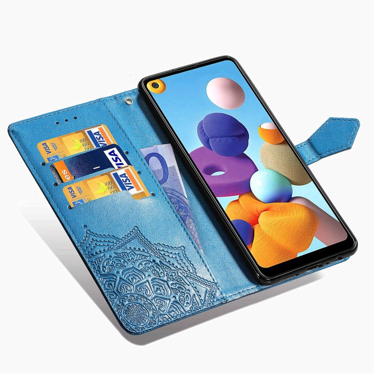 For Samsung A21 (US Version) Halfway Mandala Embossing Pattern Horizontal Flip PU Leather Case with Card Slots & Holder & Wallet