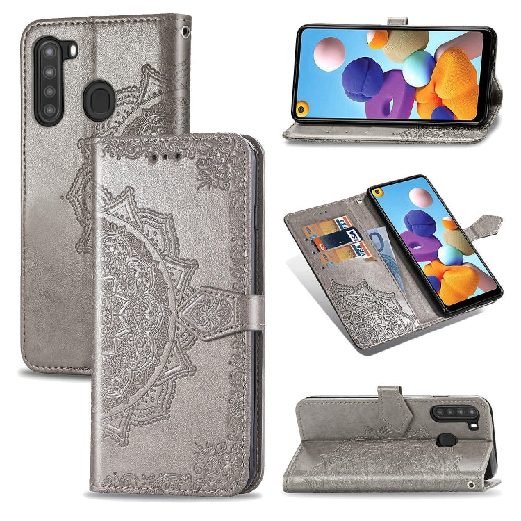 For Samsung A21 (US Version) Halfway Mandala Embossing Pattern Horizontal Flip PU Leather Case with Card Slots & Holder & Wallet