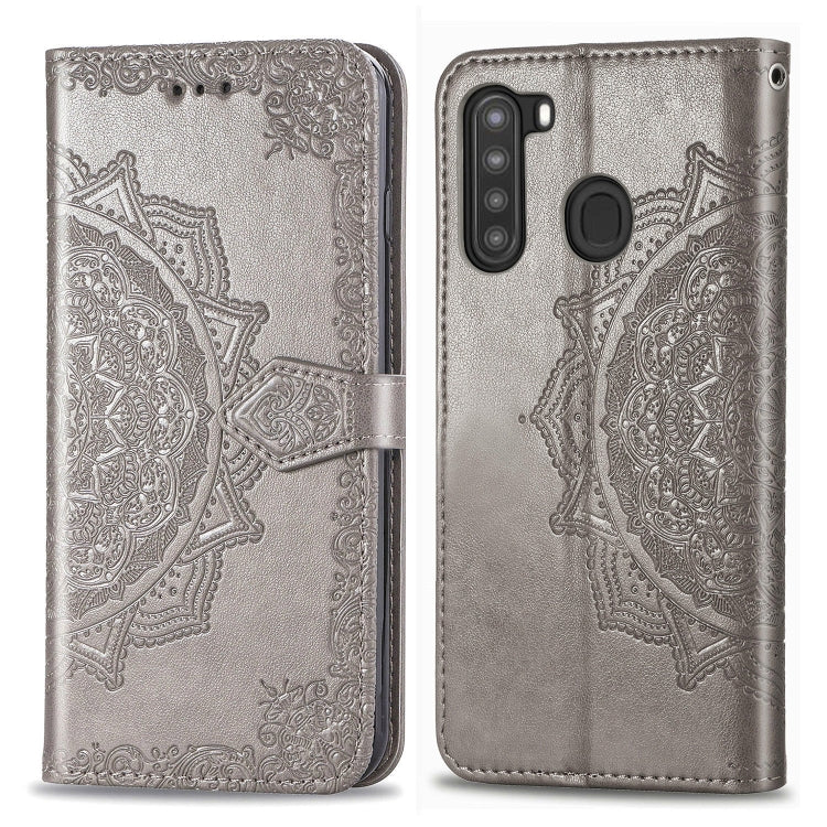 For Samsung A21 (US Version) Halfway Mandala Embossing Pattern Horizontal Flip PU Leather Case with Card Slots & Holder & Wallet