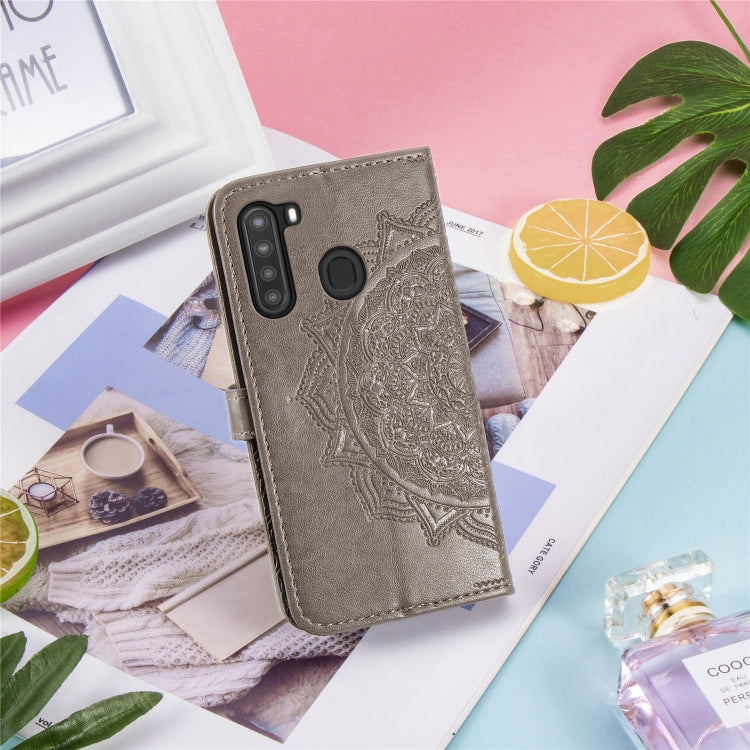 For Samsung A21 (US Version) Halfway Mandala Embossing Pattern Horizontal Flip PU Leather Case with Card Slots & Holder & Wallet