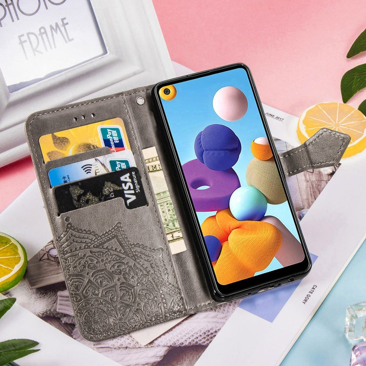 For Samsung A21 (US Version) Halfway Mandala Embossing Pattern Horizontal Flip PU Leather Case with Card Slots & Holder & Wallet