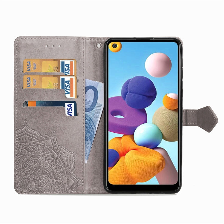 For Samsung A21 (US Version) Halfway Mandala Embossing Pattern Horizontal Flip PU Leather Case with Card Slots & Holder & Wallet