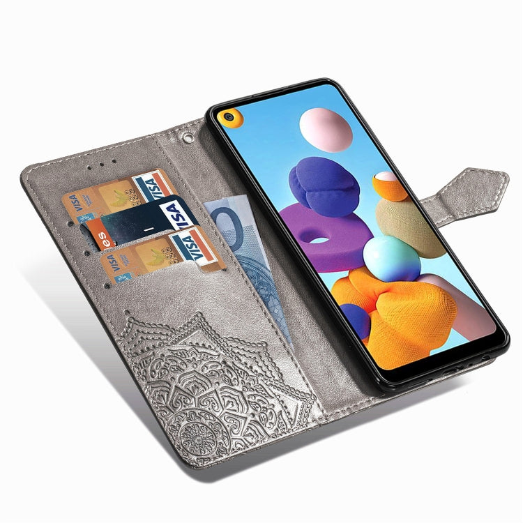 For Samsung A21 (US Version) Halfway Mandala Embossing Pattern Horizontal Flip PU Leather Case with Card Slots & Holder & Wallet