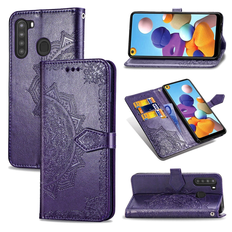 For Samsung A21 (US Version) Halfway Mandala Embossing Pattern Horizontal Flip PU Leather Case with Card Slots & Holder & Wallet