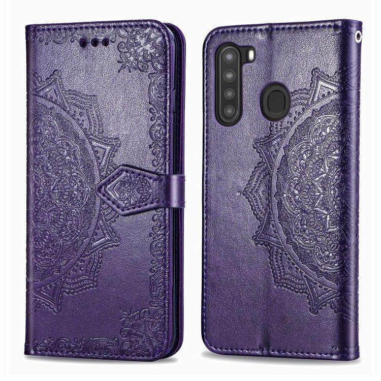 For Samsung A21 (US Version) Halfway Mandala Embossing Pattern Horizontal Flip PU Leather Case with Card Slots & Holder & Wallet