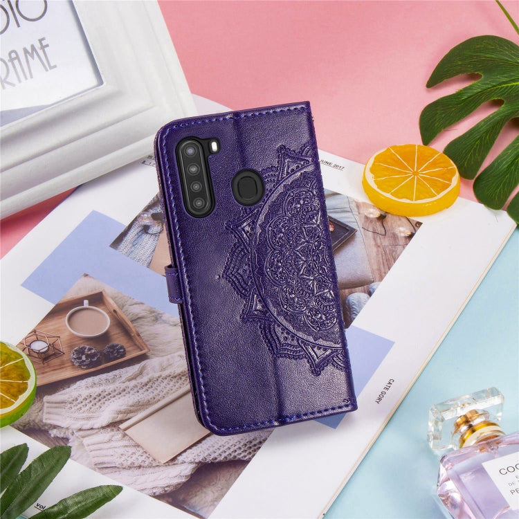 For Samsung A21 (US Version) Halfway Mandala Embossing Pattern Horizontal Flip PU Leather Case with Card Slots & Holder & Wallet