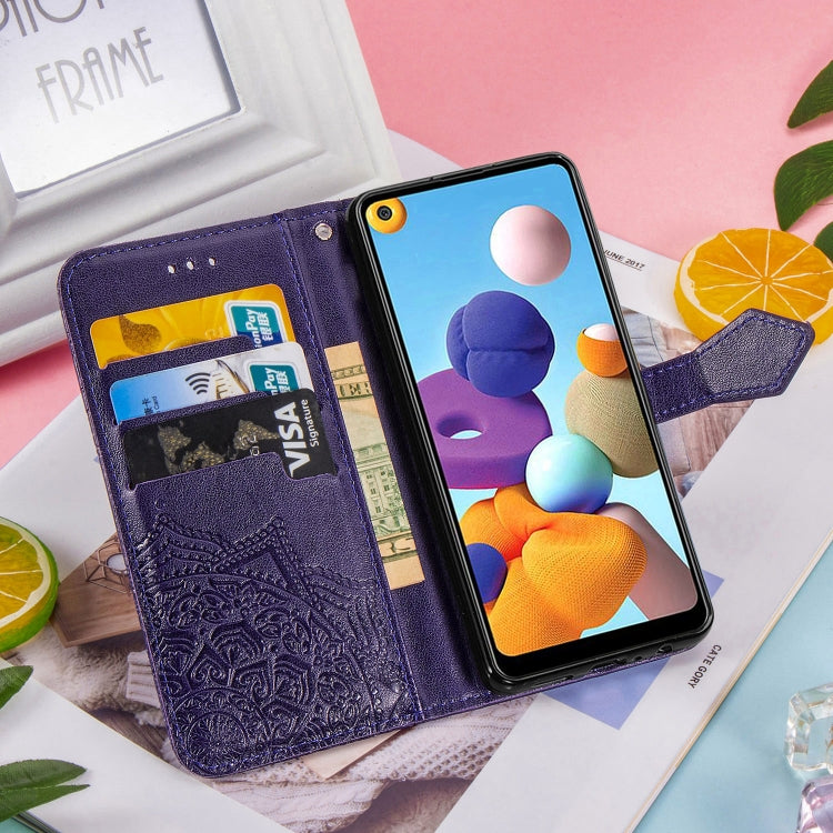 For Samsung A21 (US Version) Halfway Mandala Embossing Pattern Horizontal Flip PU Leather Case with Card Slots & Holder & Wallet