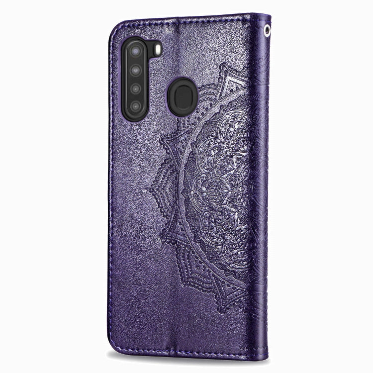 For Samsung A21 (US Version) Halfway Mandala Embossing Pattern Horizontal Flip PU Leather Case with Card Slots & Holder & Wallet