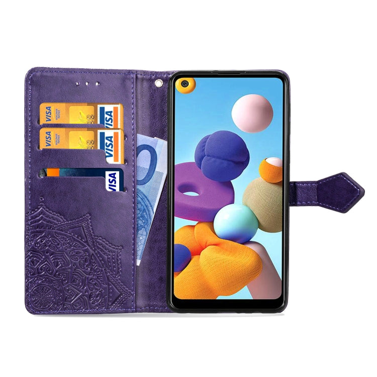 For Samsung A21 (US Version) Halfway Mandala Embossing Pattern Horizontal Flip PU Leather Case with Card Slots & Holder & Wallet