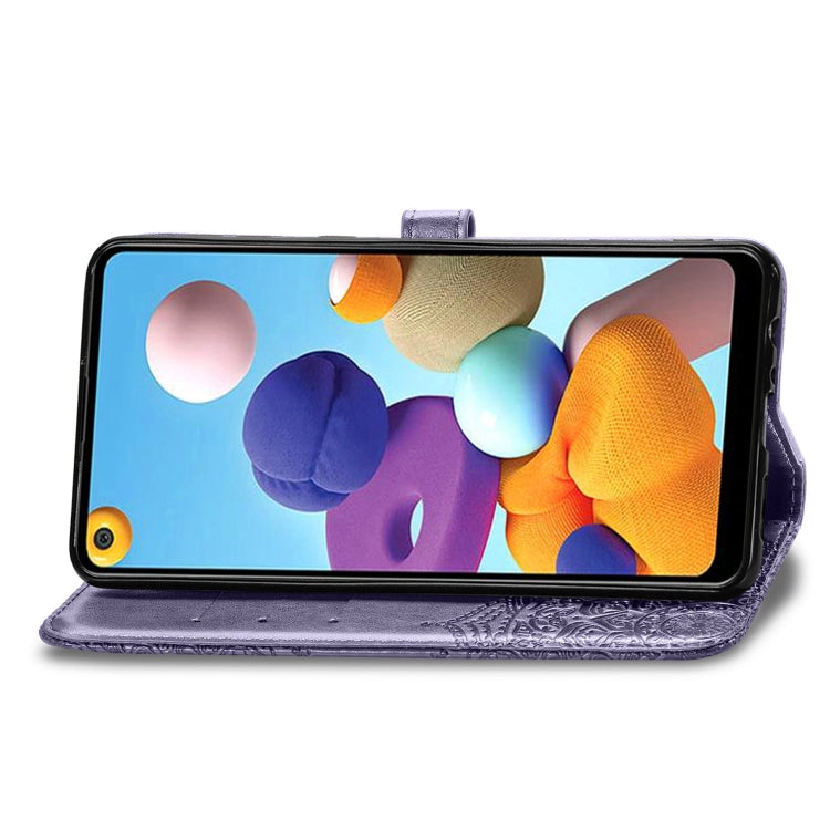 For Samsung A21 (US Version) Halfway Mandala Embossing Pattern Horizontal Flip PU Leather Case with Card Slots & Holder & Wallet