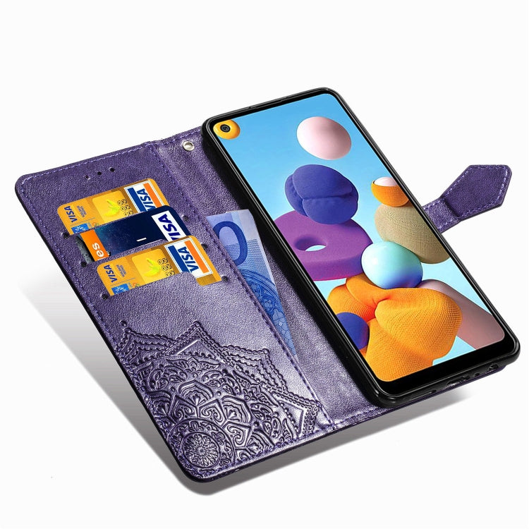 For Samsung A21 (US Version) Halfway Mandala Embossing Pattern Horizontal Flip PU Leather Case with Card Slots & Holder & Wallet