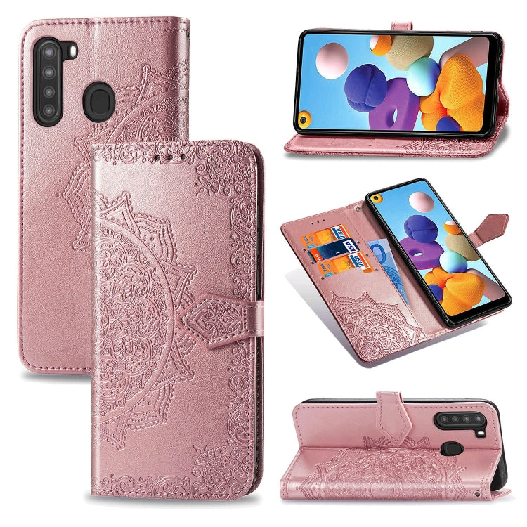 For Samsung A21 (US Version) Halfway Mandala Embossing Pattern Horizontal Flip PU Leather Case with Card Slots & Holder & Wallet