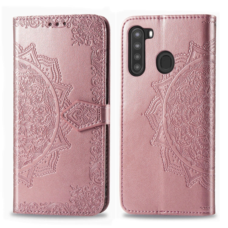 For Samsung A21 (US Version) Halfway Mandala Embossing Pattern Horizontal Flip PU Leather Case with Card Slots & Holder & Wallet