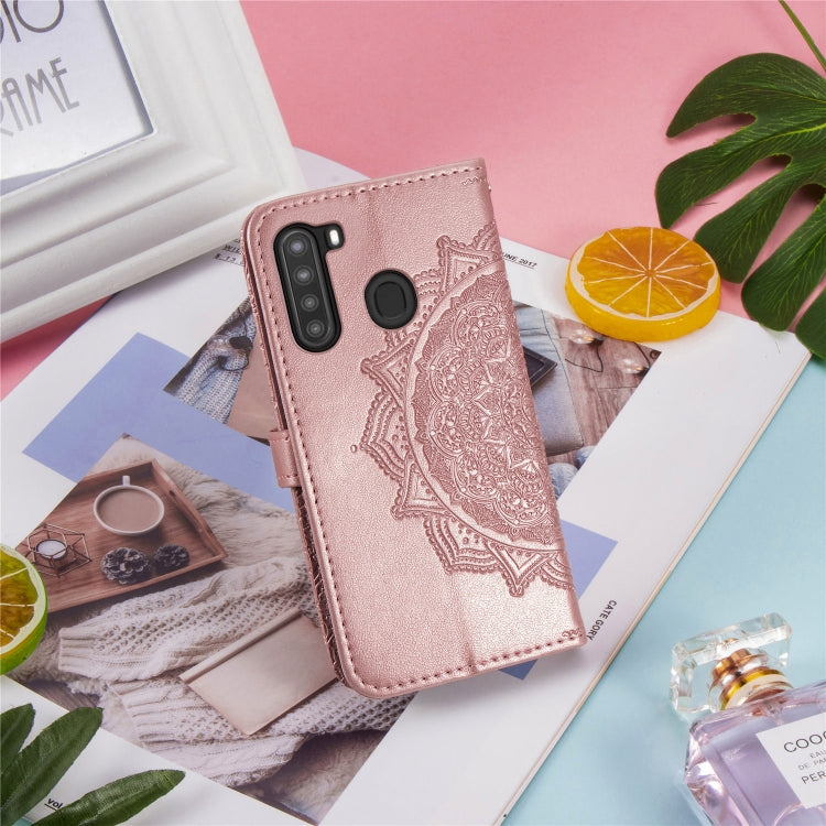 For Samsung A21 (US Version) Halfway Mandala Embossing Pattern Horizontal Flip PU Leather Case with Card Slots & Holder & Wallet