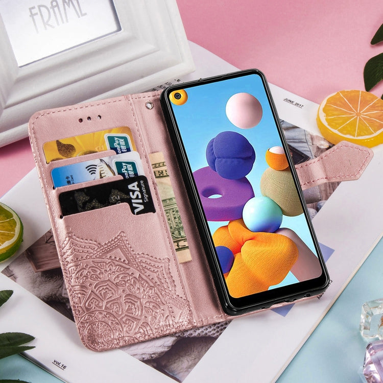 For Samsung A21 (US Version) Halfway Mandala Embossing Pattern Horizontal Flip PU Leather Case with Card Slots & Holder & Wallet