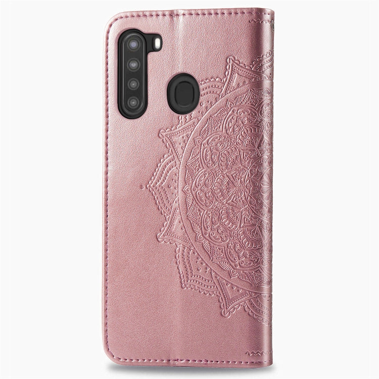 For Samsung A21 (US Version) Halfway Mandala Embossing Pattern Horizontal Flip PU Leather Case with Card Slots & Holder & Wallet