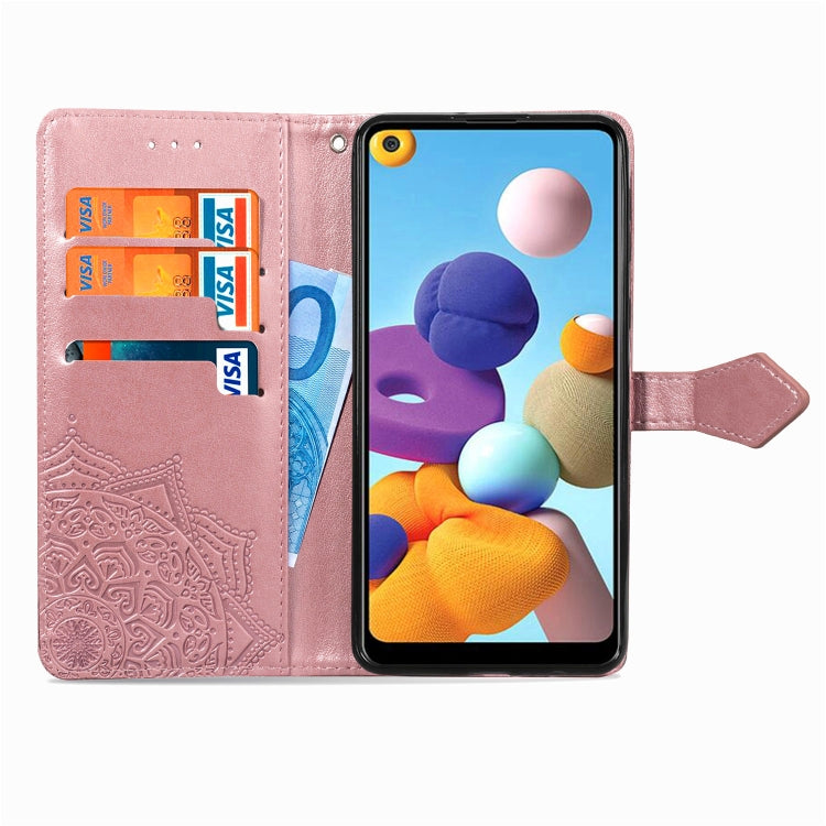 For Samsung A21 (US Version) Halfway Mandala Embossing Pattern Horizontal Flip PU Leather Case with Card Slots & Holder & Wallet