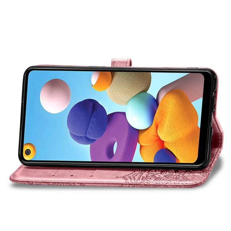 For Samsung A21 (US Version) Halfway Mandala Embossing Pattern Horizontal Flip PU Leather Case with Card Slots & Holder & Wallet