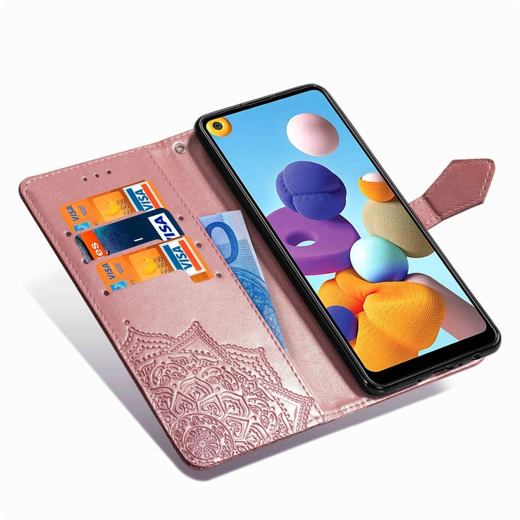 For Samsung A21 (US Version) Halfway Mandala Embossing Pattern Horizontal Flip PU Leather Case with Card Slots & Holder & Wallet