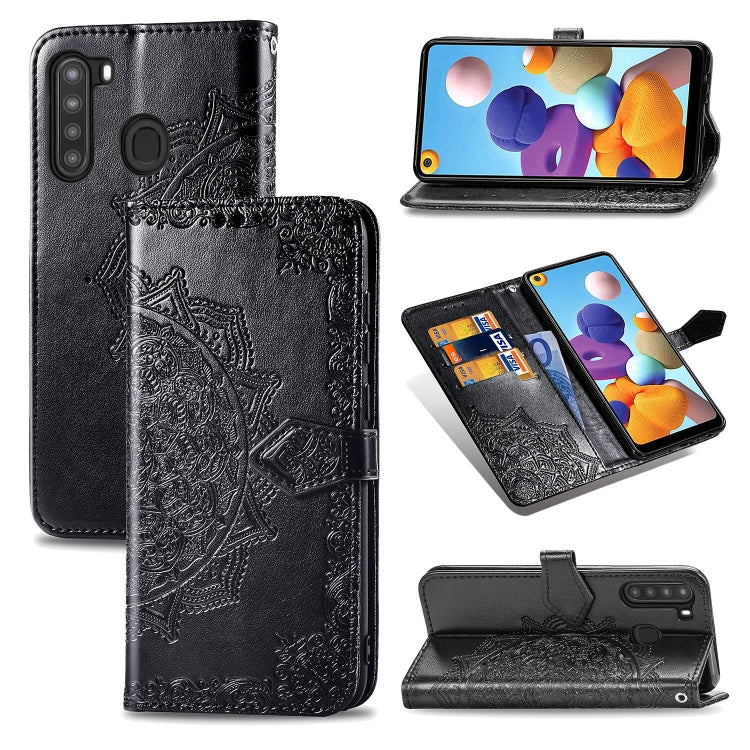 For Samsung A21 (US Version) Halfway Mandala Embossing Pattern Horizontal Flip PU Leather Case with Card Slots & Holder & Wallet