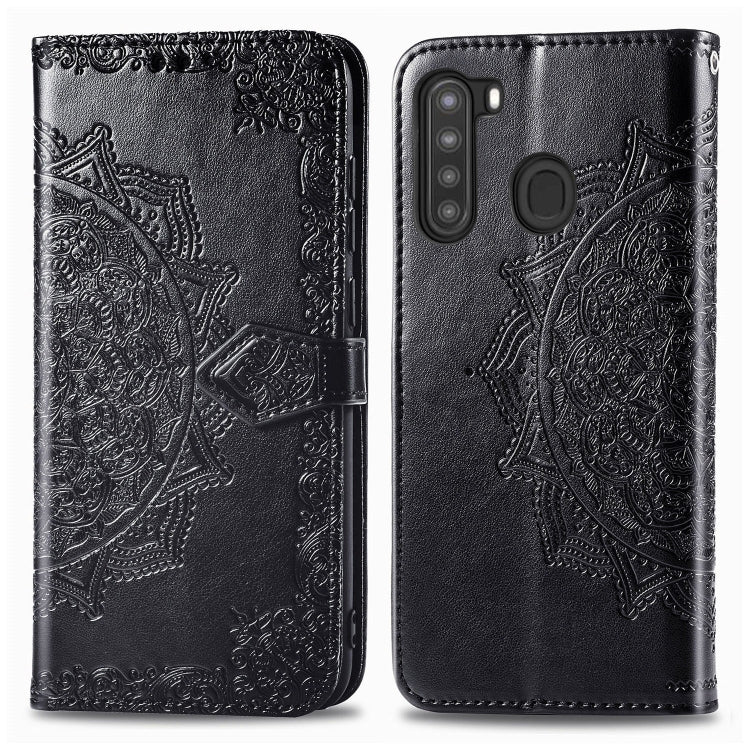 For Samsung A21 (US Version) Halfway Mandala Embossing Pattern Horizontal Flip PU Leather Case with Card Slots & Holder & Wallet