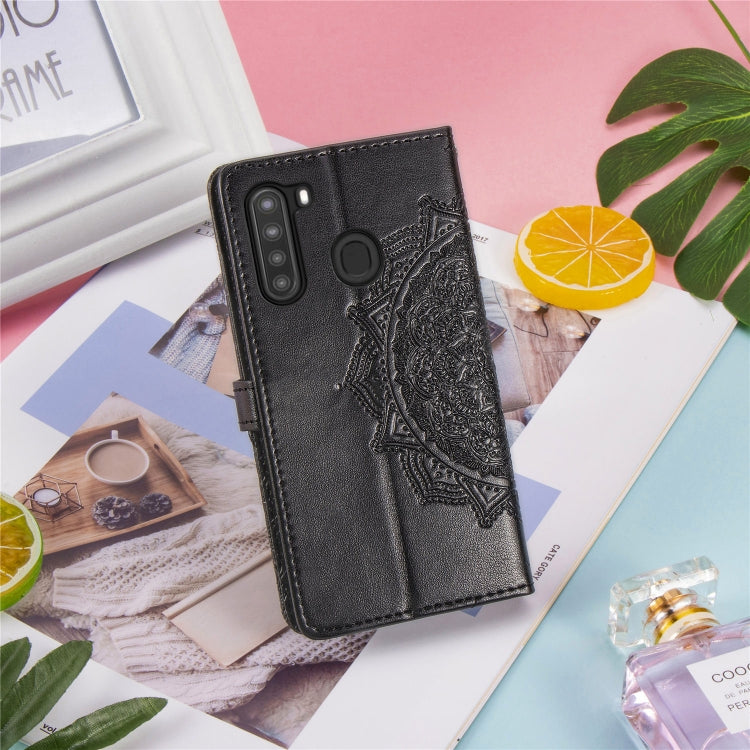 For Samsung A21 (US Version) Halfway Mandala Embossing Pattern Horizontal Flip PU Leather Case with Card Slots & Holder & Wallet